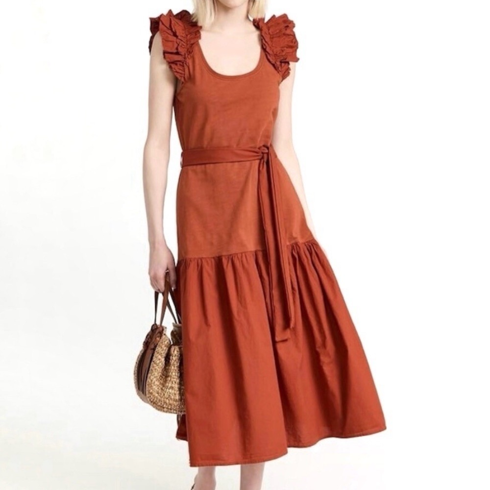 Nation LTD Everleigh Frilly Dress Midi Cayenne Rust Ruffle Tiered Boho Cotton